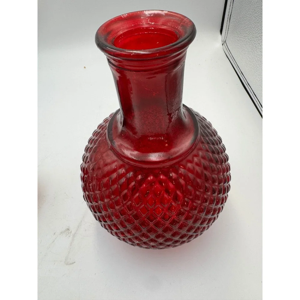 Vintage Ruby Red Diamond Point Glass Decanter with Stopper and Tassel Accent
